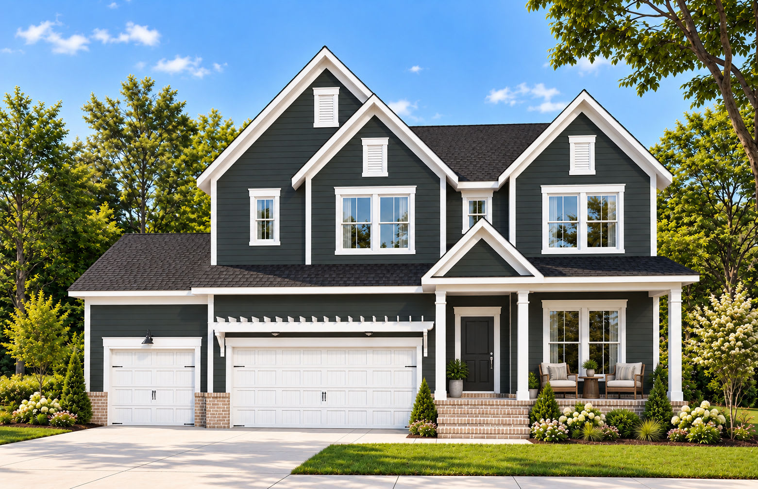 Pulte’s representative Stonebrook exterior with a covered front porch and three-car garage