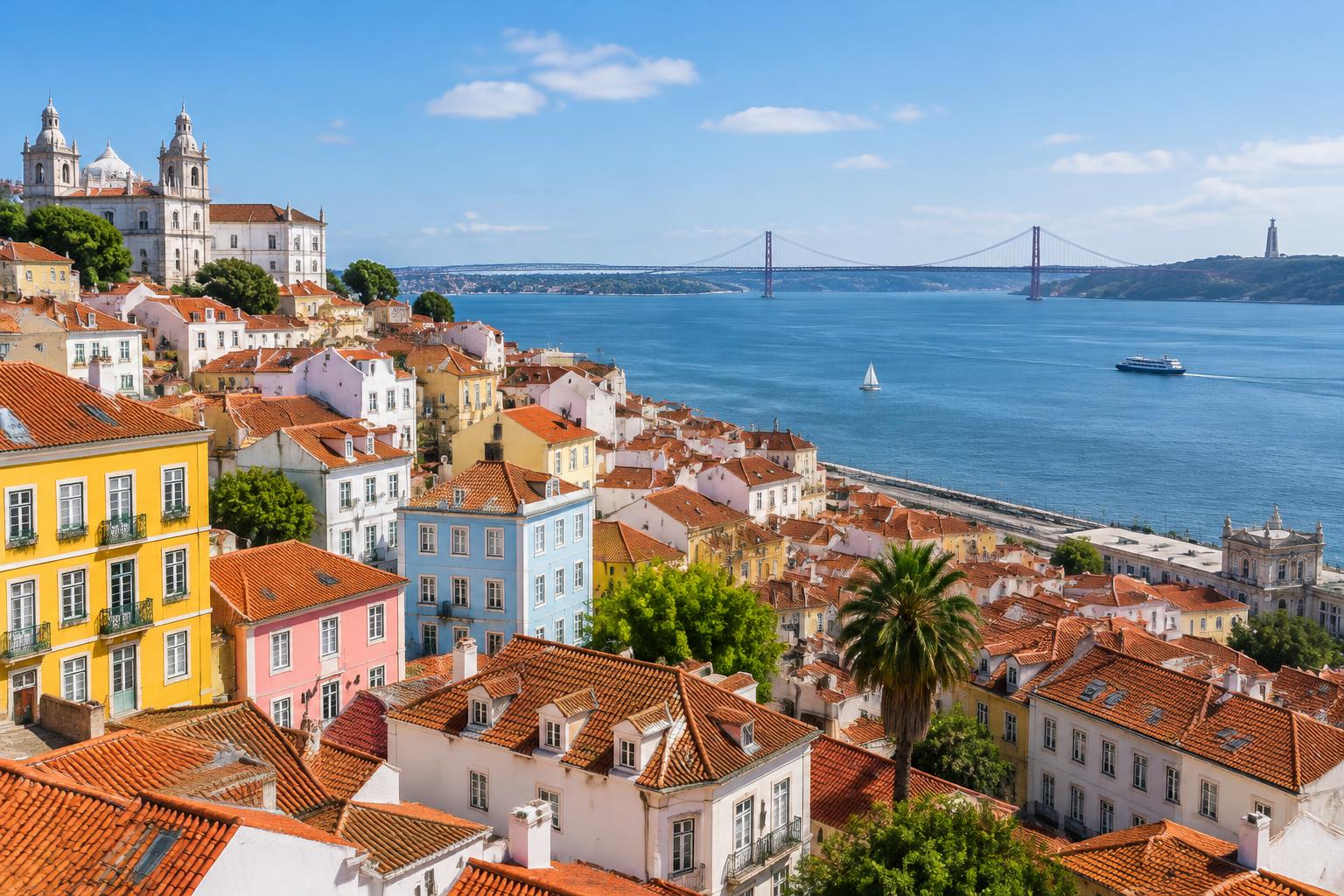 Illustrative view of Lisbon’s colorful rooftops beside the Tagus River